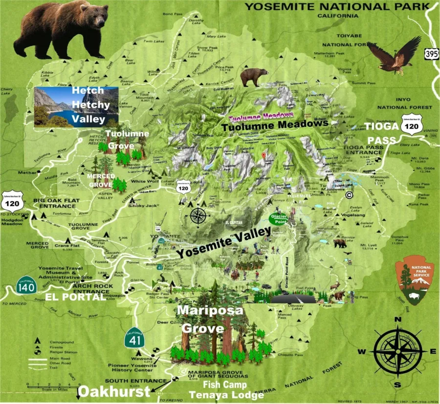 Walking map of Yosemite Park, California. Showing the locations of waterfalls, camping grounds, valleys, passes and hiking trails etc