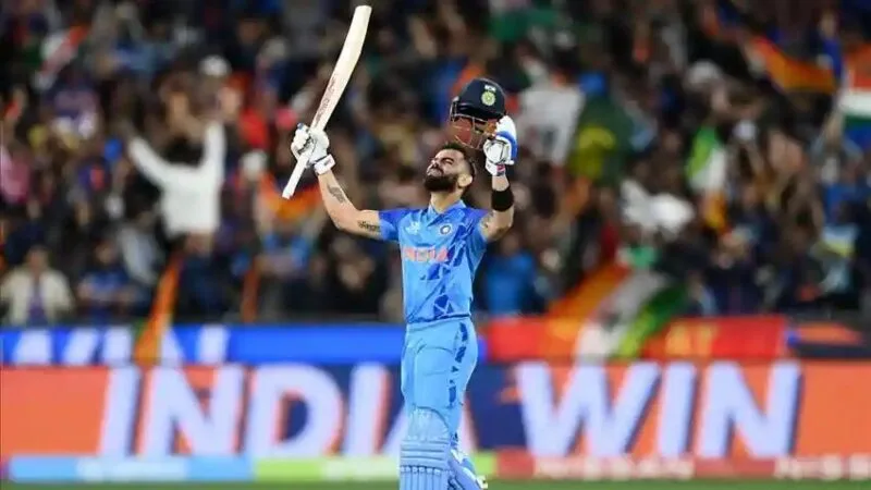 Virat Kohli celebrating his 48th ODI century.