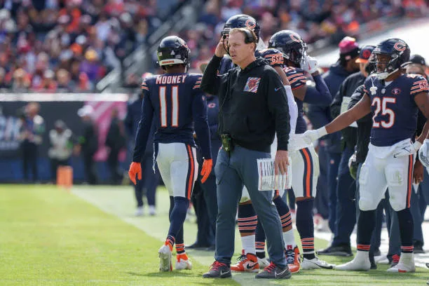 CHICAGO, IL - OCTOBER 15: Head coach Matt Eberflus of the Chicago Bears looks on during the first half of an NFL football game against the Minnesota Vikings at Soldier Field on October 15, 2023 in Chicago, Illinois. (Photo by Todd Rosenberg/Getty Images)