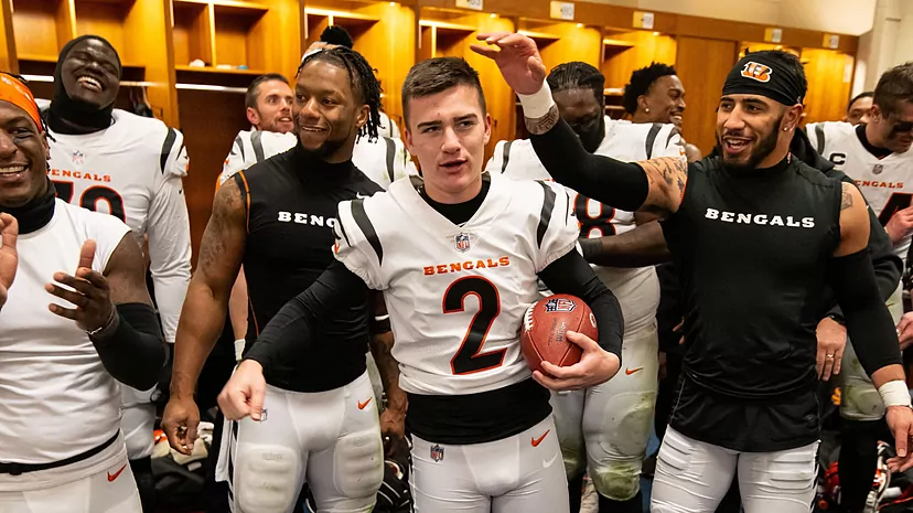 Evan McPherson with the game ball after the Cincinnati Bengals' playoff win against the Tennessee Titans.Twitter 