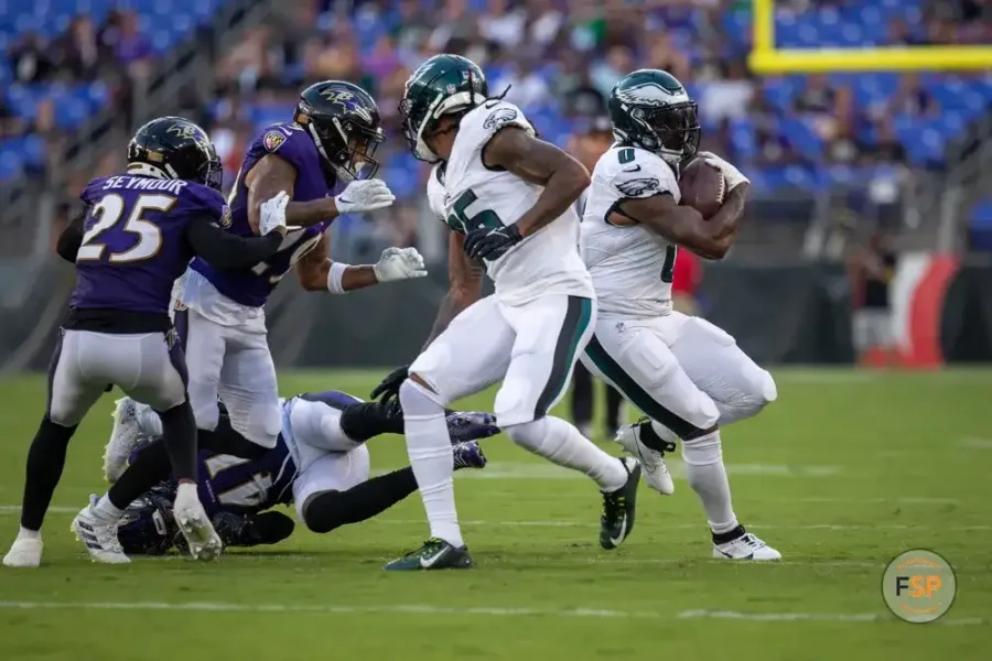 BALTIMORE, MD - AUGUST 12: Philadelphia Eagles running back D'Andre Swift (0) breaks a tackle and keeps running during an NFL pre-season game between the Philadelphia Eagles and the Baltimore Ravens on August 12, 2023, at M&T Bank Stadium in Baltimore, Maryland. (Photo by Charles Brock/Icon Sportswire)
